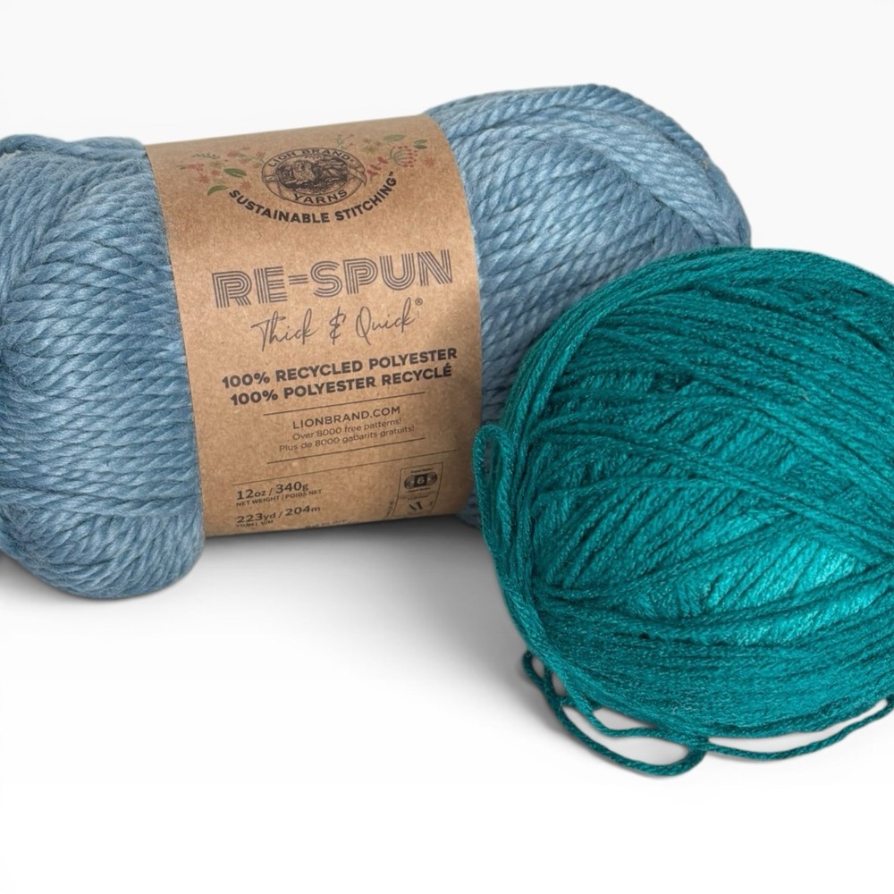 Lion Brand Yarn 843-106BD Re-Spun Thick & Quick Yarn, Faded Denim Blue & Green